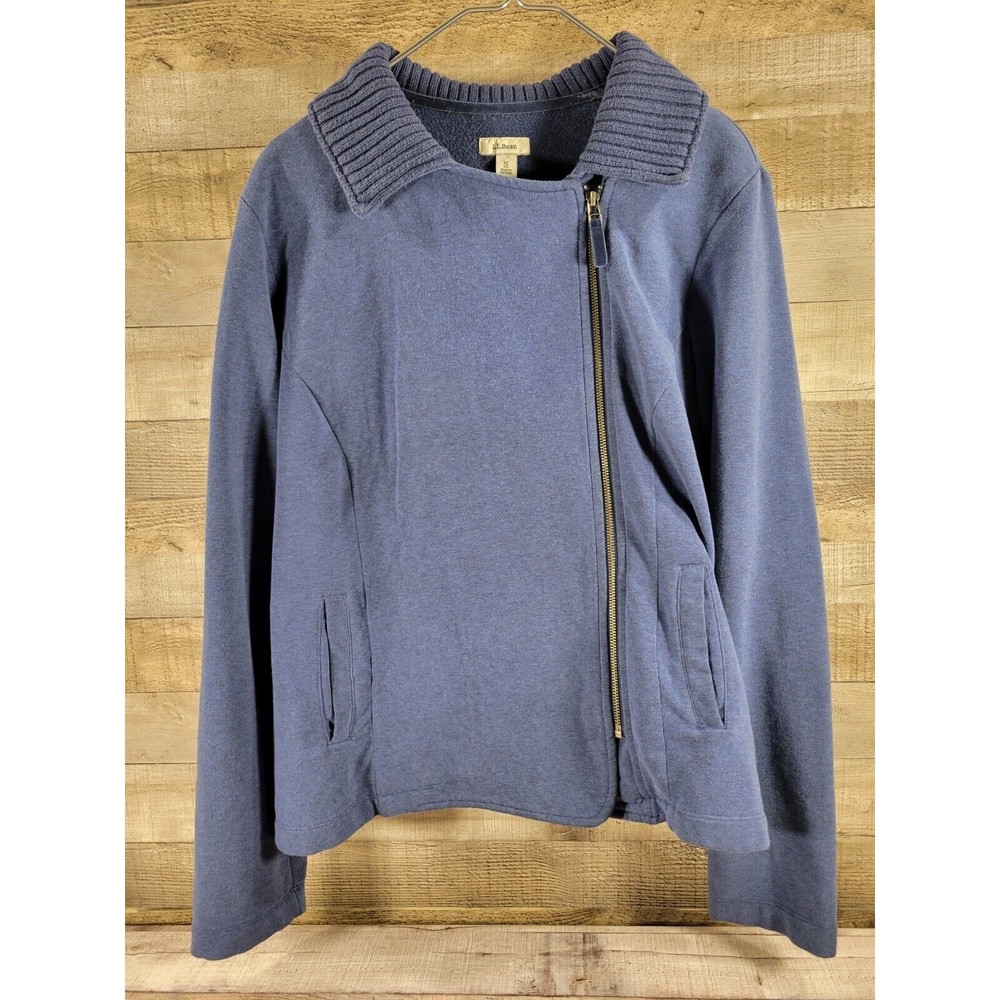 LL Bean Moto Jacket Blue XL Knit Asymmetrical Full Zip Long Sleeve Collared